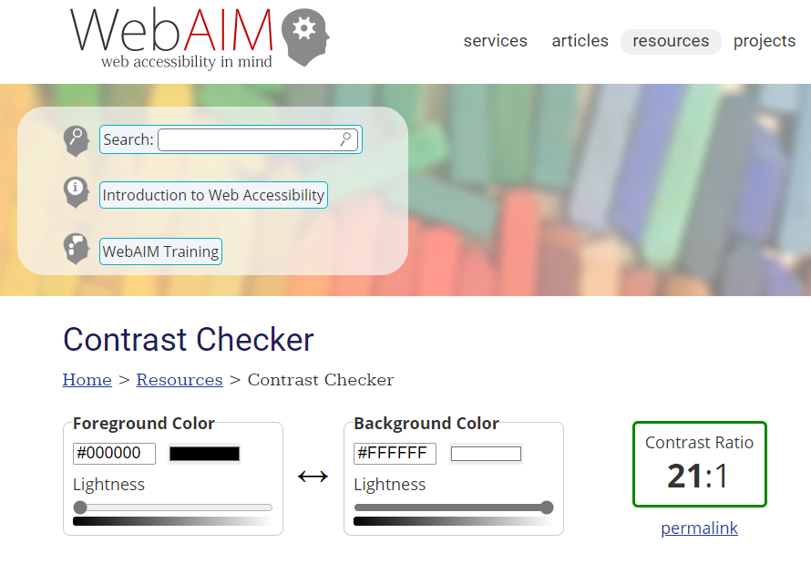 Screenshot from the WebAIM Contrast Checker tool