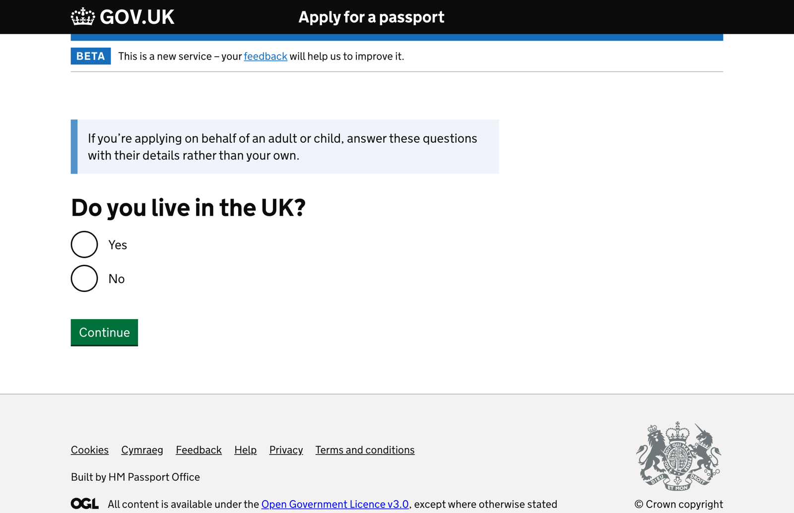 Screenshot of a gov.uk 'Apply for a passport' page