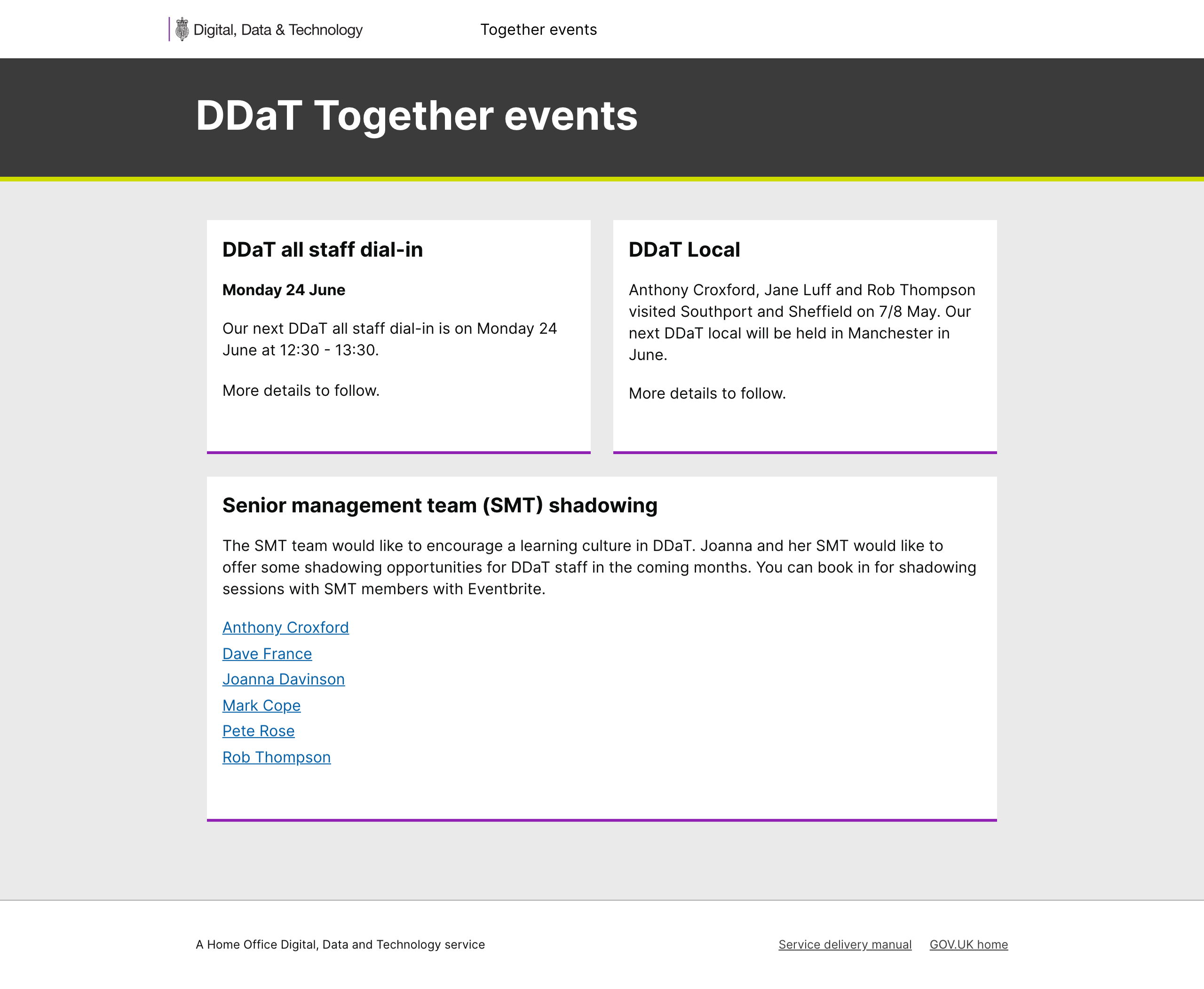 Screenshot of a Home Office 'Digital, Data and Technology Together' events page