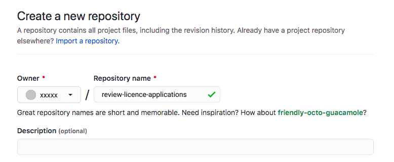 GitHub screen showing text field with new repository name mock wildcat service