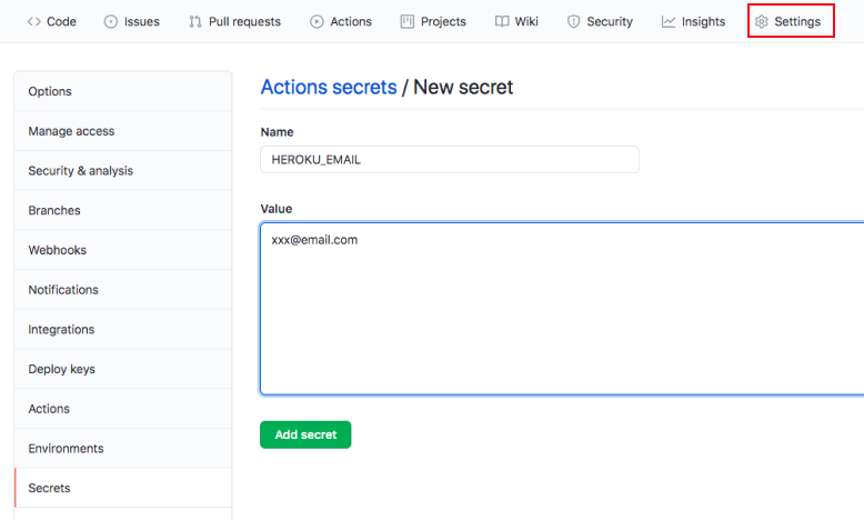GitHub screen showing text fields to add secrets