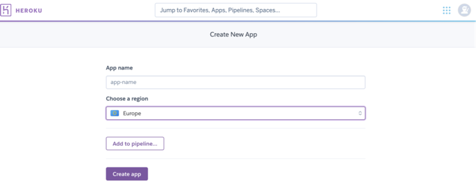 Heroku screen showing area for creating new app