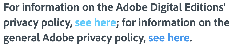 Screenshot from Adobe's privacy policy with black text on white background, except the link 'see here' which is blue and hyperlinked