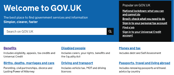 Welcome to GOV.UK homepage showing main navigation