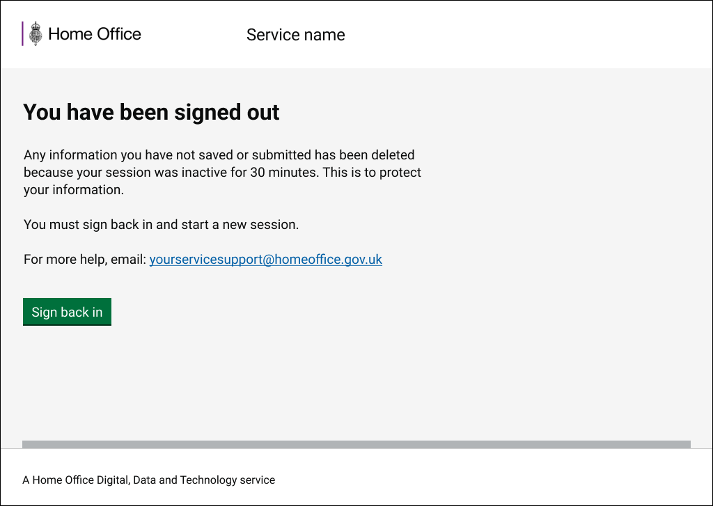 An example of a time out page when a user is signed in to a service.