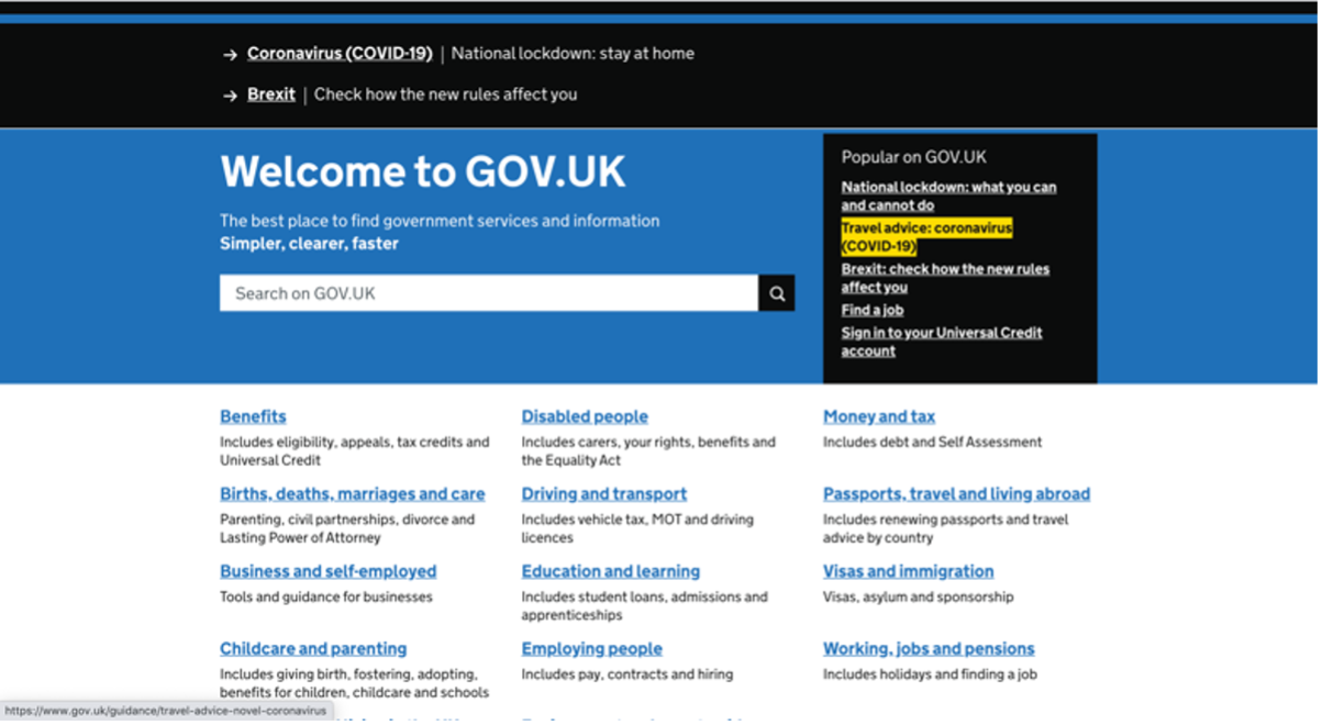 Screenshot of GOV.UK - https://www.gov.uk/guidance/travel-advice-novel-coronavirus